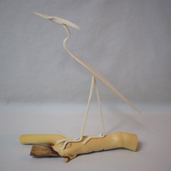 Handmade Folk Art PVC Egret Herron Bird On Wood Artist Signed Robert Morris - Picture 2 of 3